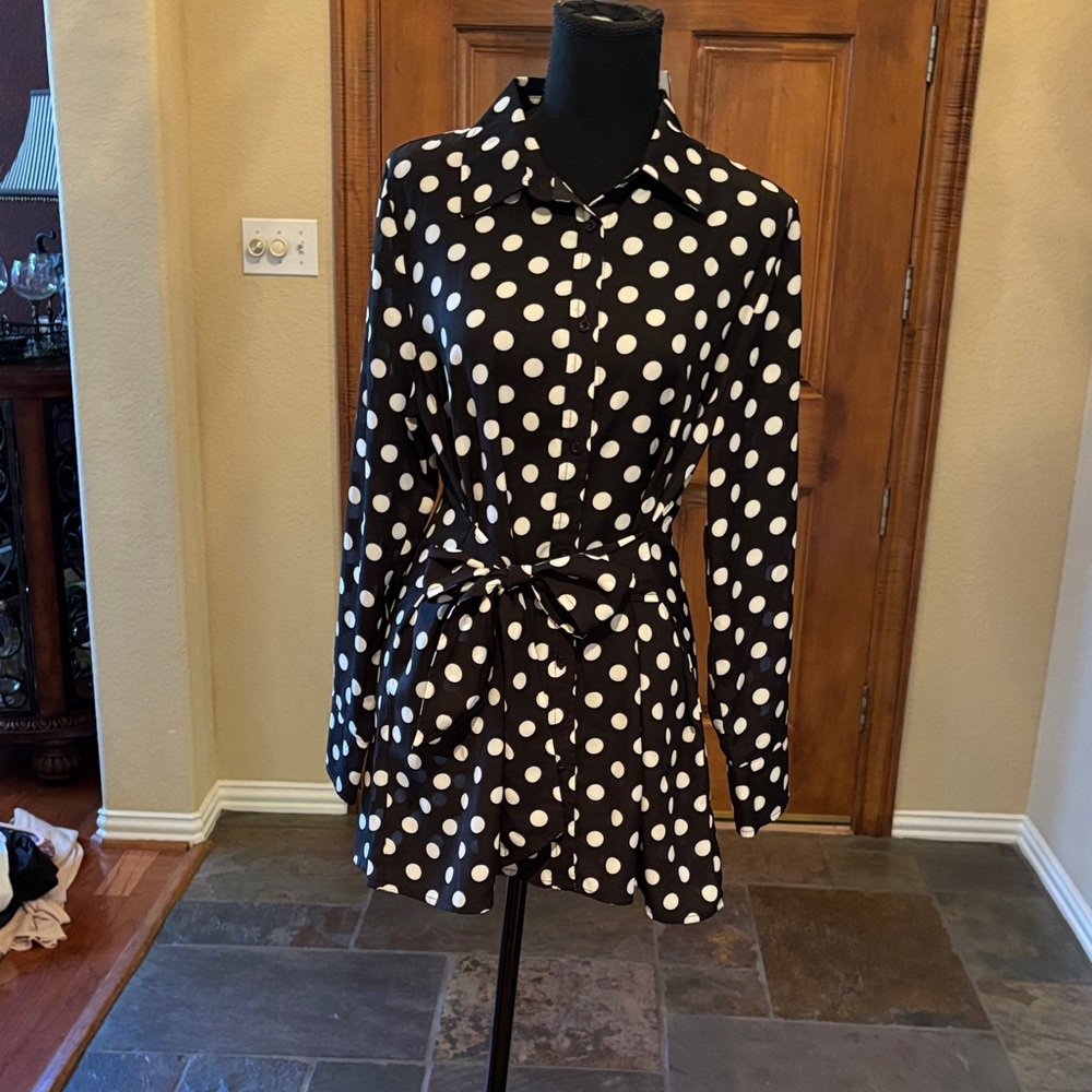 Elegant Black and White Polka Dot Long Sleeve Blouse with built in tie sash.